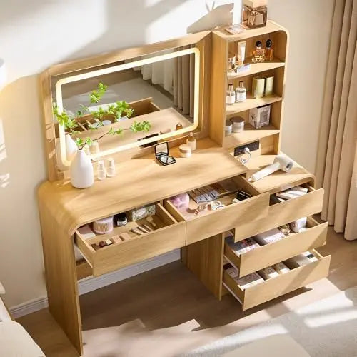 Vanity Desk with Mirror and Lights, 50” Modren Makeup Vanity with 35.43" Mirror and 5 Drawers, Makeup Table with