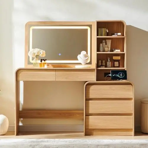 Vanity Desk with Mirror and Lights, 50” Modren Makeup Vanity with 35.43" Mirror and 5 Drawers, Makeup Table with