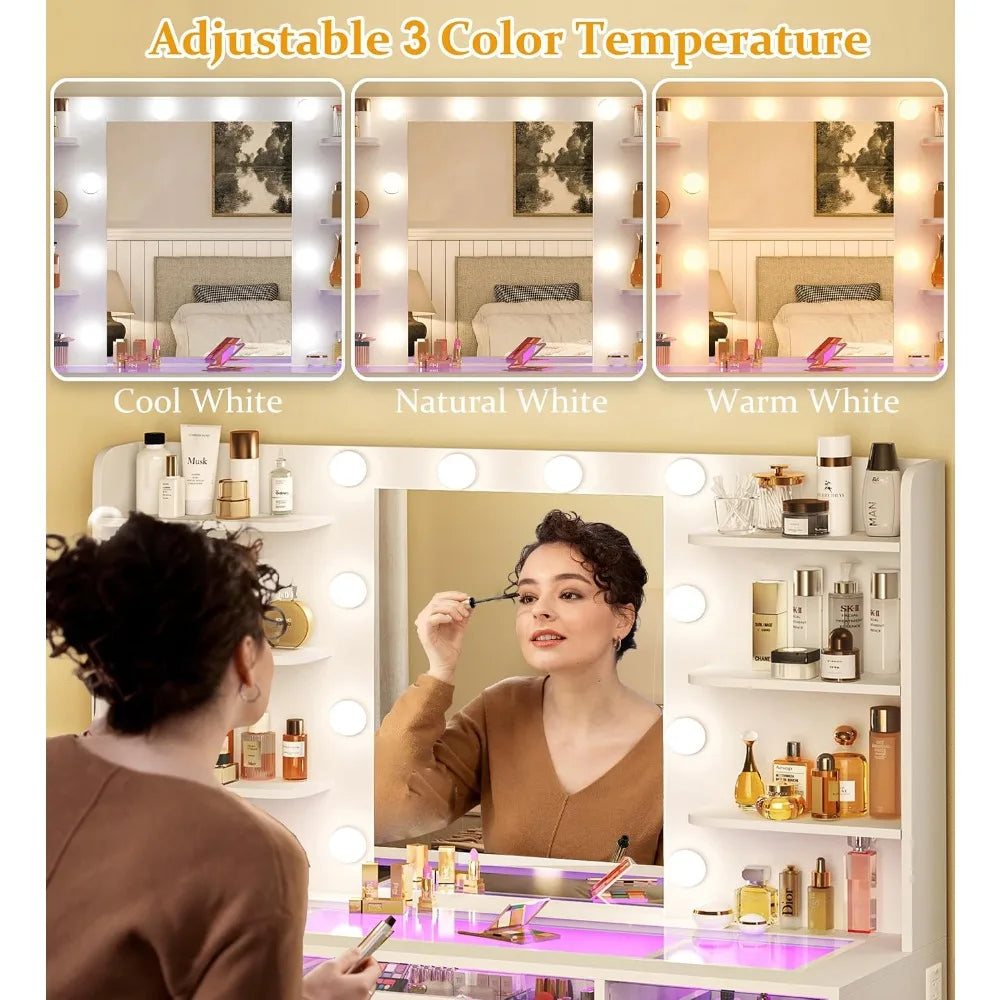 Vanity Desk with Mirror and Lights, Transparent Top, RGB Drawers, Shelves, Cabinets, White