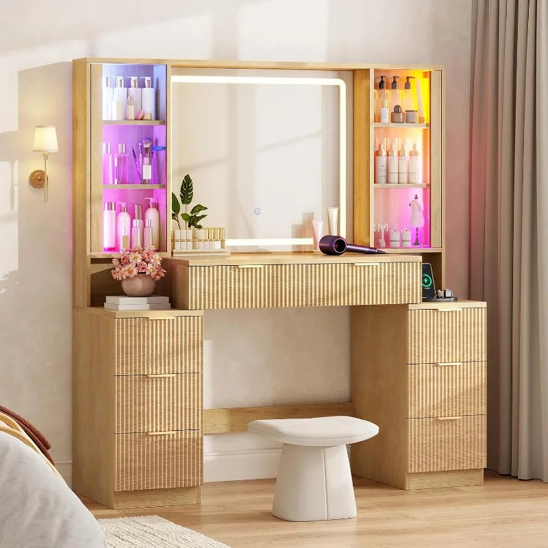 HAUOMS Big Vanity, Fluted Wood Makeup Vanity Desk with Mirror and Sound Sync LED Lights, Large Vanity Dressing Table, 8 Drawers