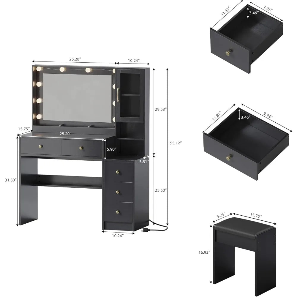 Makeup Vanity with Lights & Charging Station,Vanity Table with Drawers & Open Storage Shelves,Vanity Desk with Mirror Customized