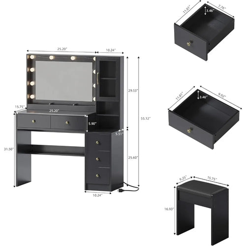 Makeup Vanity with Lights & Charging Station,Vanity Table with Drawers & Open Storage Shelves,Vanity Desk with Mirror Customized
