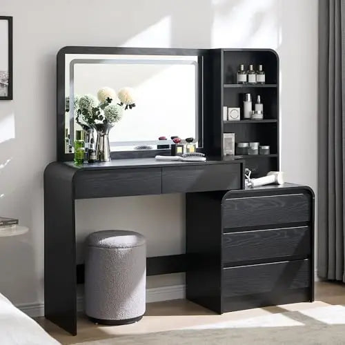 Vanity Desk with Mirror and Lights, 50” Modren Makeup Vanity with 35.43" Mirror and 5 Drawers, Makeup Table with