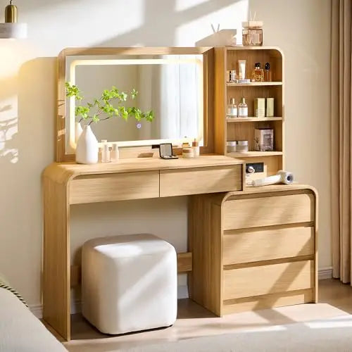 Vanity Desk with Mirror and Lights, 50” Modren Makeup Vanity with 35.43" Mirror and 5 Drawers, Makeup Table with