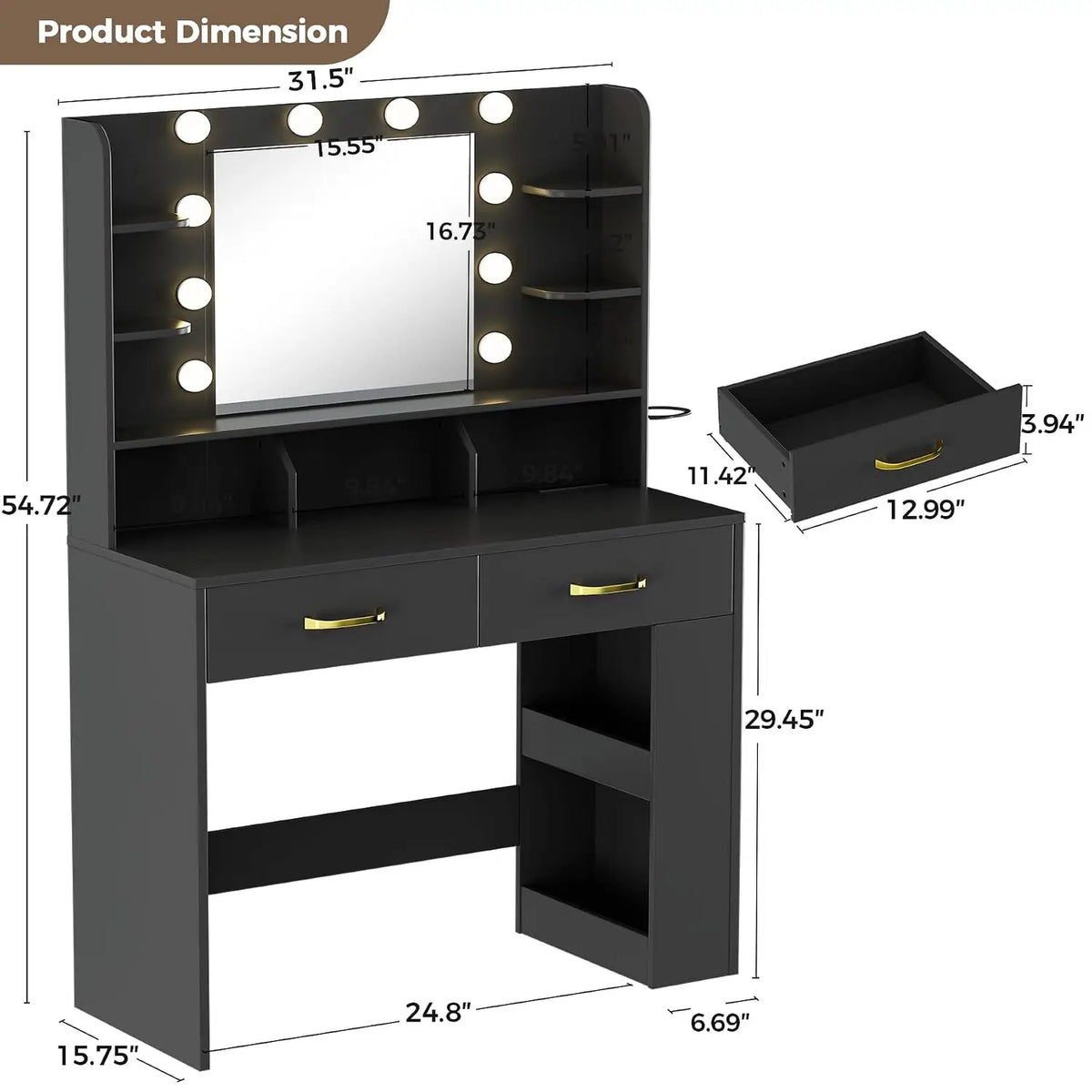 Black Vanity Desk LED Mirror & Charging Station, Makeup Table with Drawers & Shelves, Bedroom Dressing Table, Customized