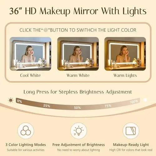 Vanity Desk with Mirror and Lights, 50” Modren Makeup Vanity with 35.43" Mirror and 5 Drawers, Makeup Table with