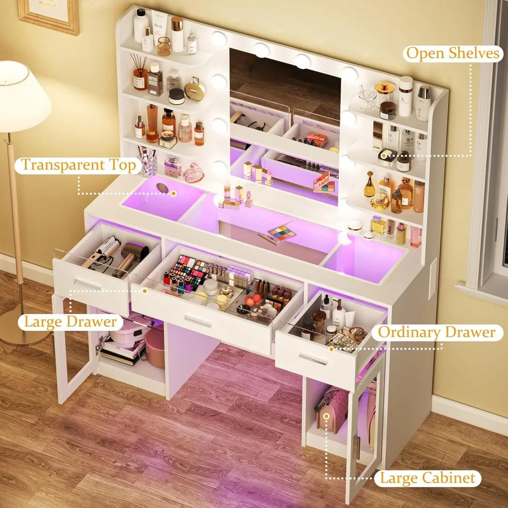 Vanity Desk with Mirror and Lights, Transparent Top, RGB Drawers, Shelves, Cabinets, White