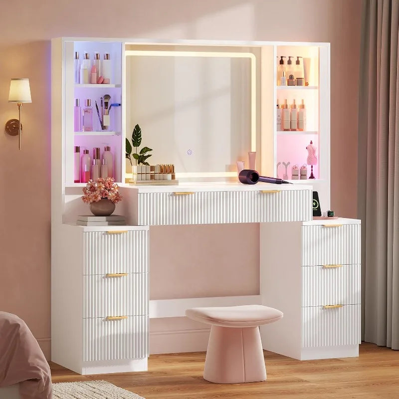 HAUOMS Big Vanity, Fluted Wood Makeup Vanity Desk with Mirror and Sound Sync LED Lights, Large Vanity Dressing Table, 8 Drawers