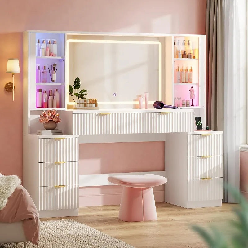 HAUOMS Big Vanity, Fluted Wood Makeup Vanity Desk with Mirror and Sound Sync LED Lights, Large Vanity Dressing Table, 8 Drawers