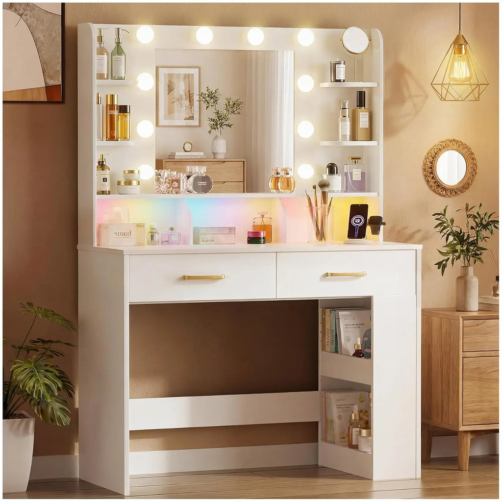 Black Vanity Desk LED Mirror & Charging Station, Makeup Table with Drawers & Shelves, Bedroom Dressing Table, Customized