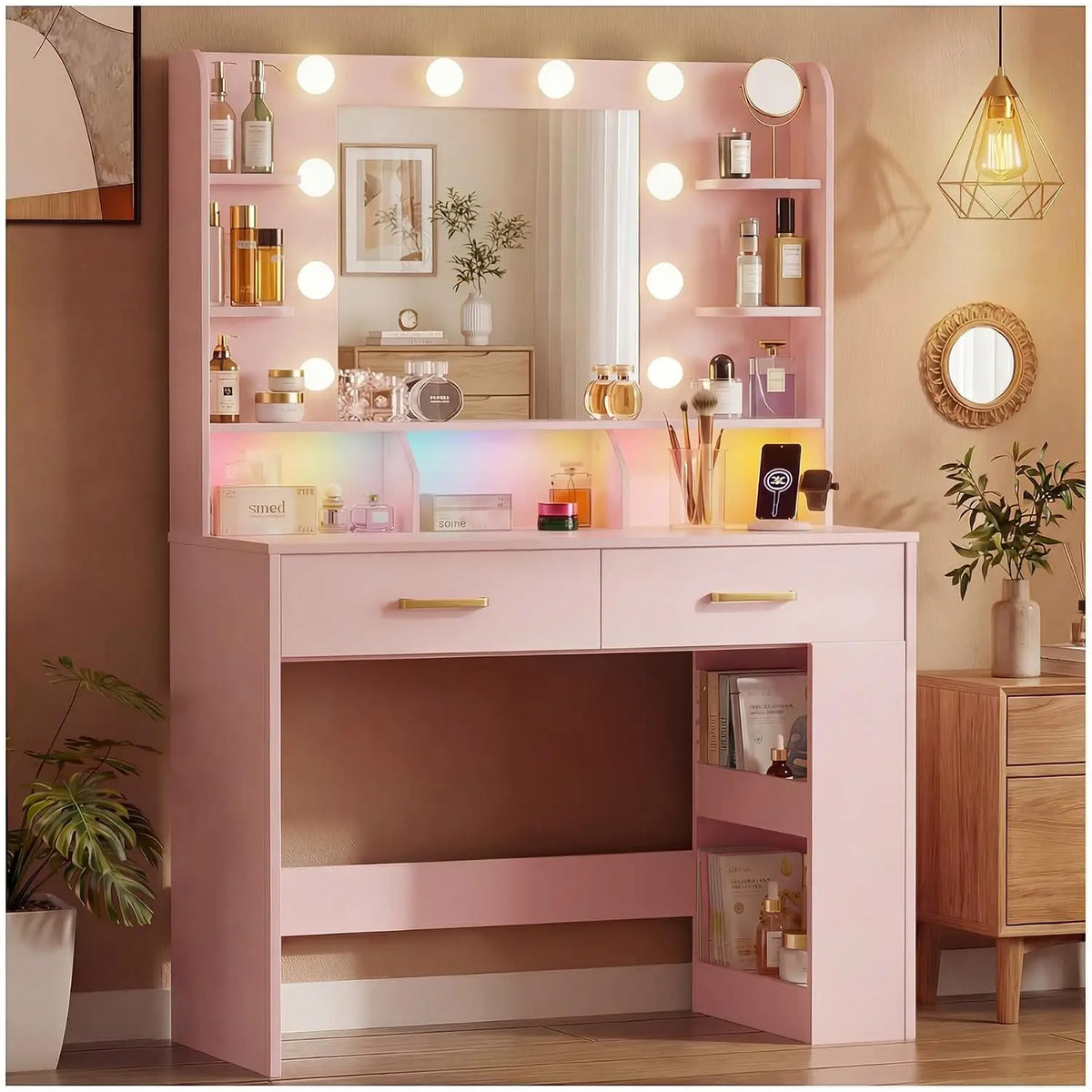 Black Vanity Desk LED Mirror & Charging Station, Makeup Table with Drawers & Shelves, Bedroom Dressing Table, Customized