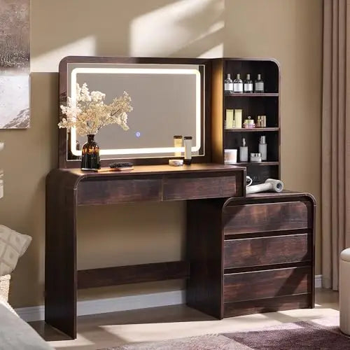 Vanity Desk with Mirror and Lights, 50” Modren Makeup Vanity with 35.43" Mirror and 5 Drawers, Makeup Table with