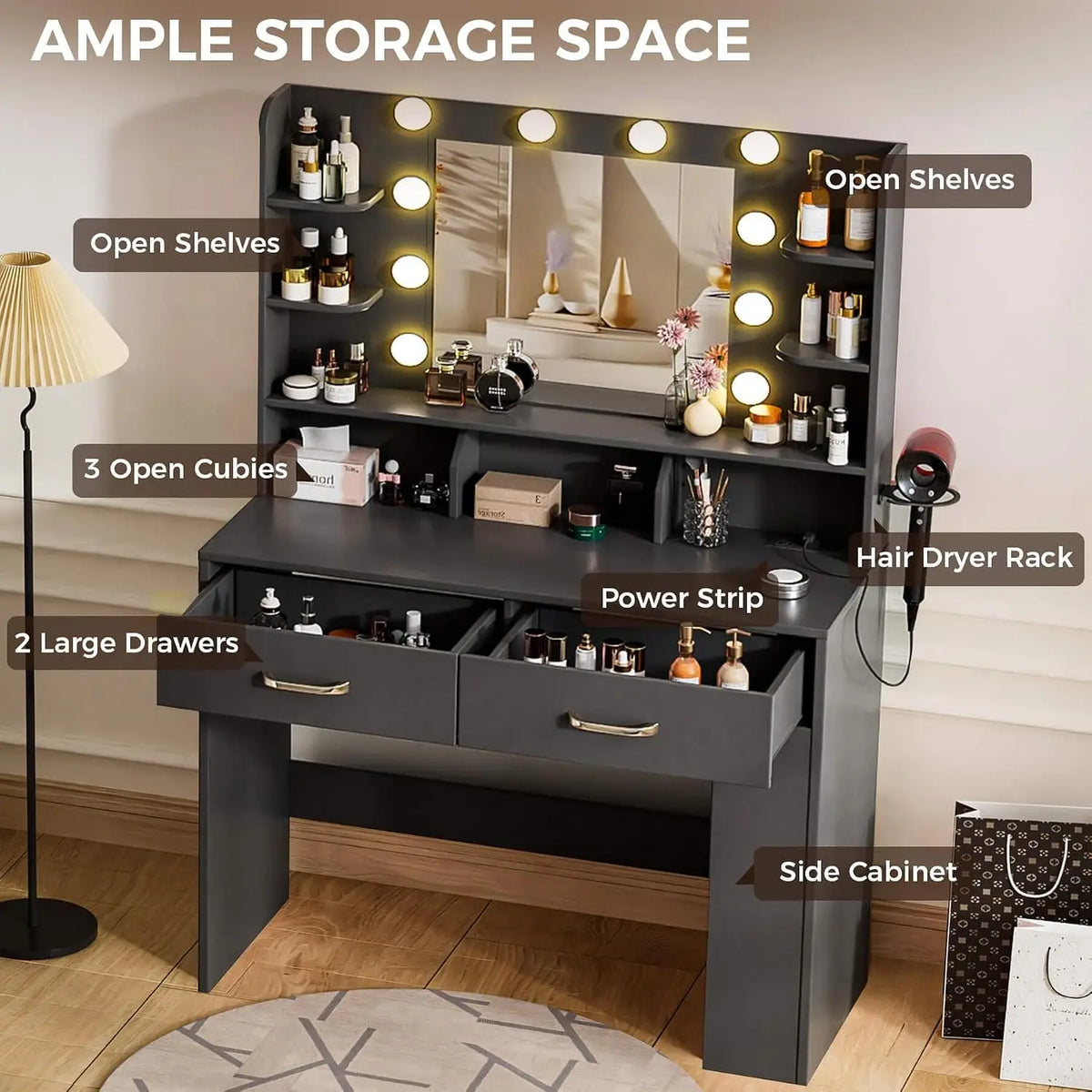 Black Vanity Desk LED Mirror & Charging Station, Makeup Table with Drawers & Shelves, Bedroom Dressing Table, Customized