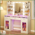 Vanity Desk with Mirror and Lights, Transparent Top, RGB Drawers, Shelves, Cabinets, White