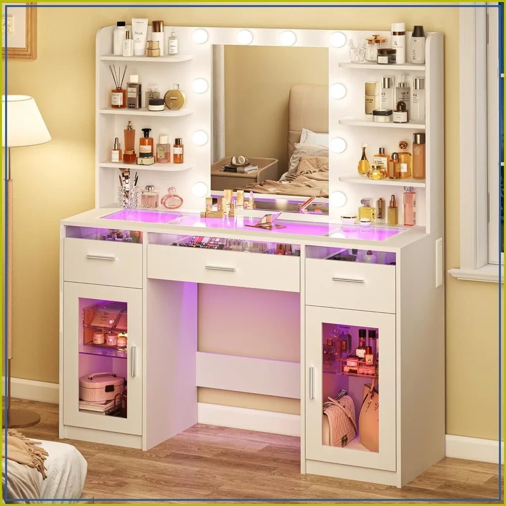 Vanity Desk with Mirror and Lights, Transparent Top, RGB Drawers, Shelves, Cabinets, White
