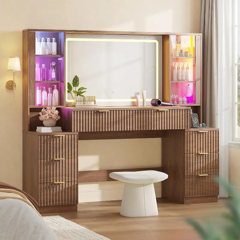 HAUOMS Big Vanity, Fluted Wood Makeup Vanity Desk with Mirror and Sound Sync LED Lights, Large Vanity Dressing Table, 8 Drawers