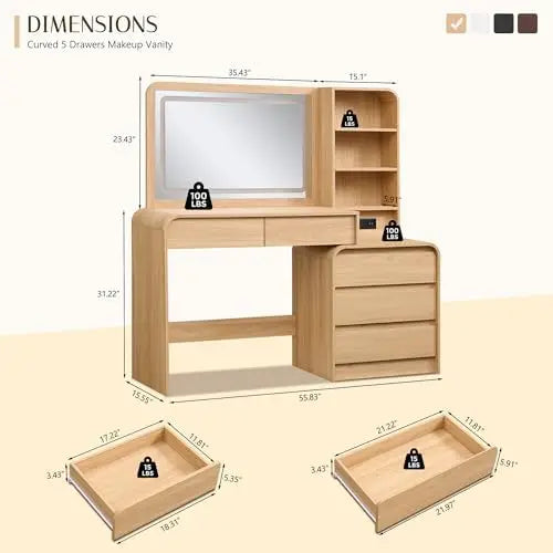 Vanity Desk with Mirror and Lights, 50” Modren Makeup Vanity with 35.43" Mirror and 5 Drawers, Makeup Table with