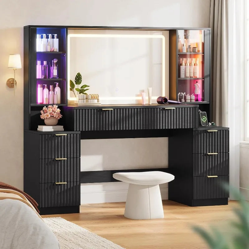 HAUOMS Big Vanity, Fluted Wood Makeup Vanity Desk with Mirror and Sound Sync LED Lights, Large Vanity Dressing Table, 8 Drawers
