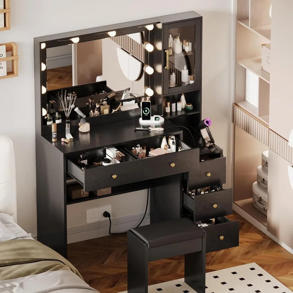 Makeup Vanity with Lights & Charging Station,Vanity Table with Drawers & Open Storage Shelves,Vanity Desk with Mirror Customized