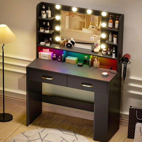 Black Vanity Desk LED Mirror & Charging Station, Makeup Table with Drawers & Shelves, Bedroom Dressing Table, Customized