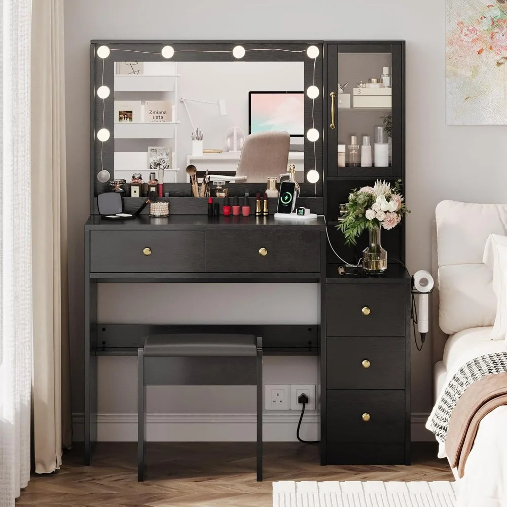 Makeup Vanity with Lights & Charging Station,Vanity Table with Drawers & Open Storage Shelves,Vanity Desk with Mirror Customized