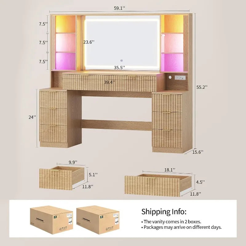 HAUOMS Big Vanity, Fluted Wood Makeup Vanity Desk with Mirror and Sound Sync LED Lights, Large Vanity Dressing Table, 8 Drawers