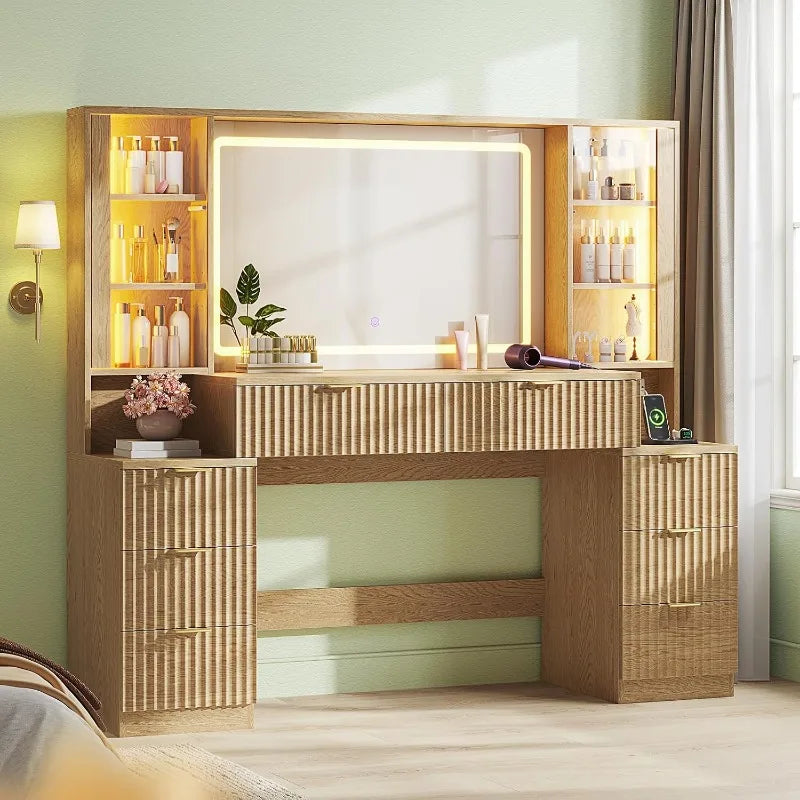 HAUOMS Big Vanity, Fluted Wood Makeup Vanity Desk with Mirror and Sound Sync LED Lights, Large Vanity Dressing Table, 8 Drawers
