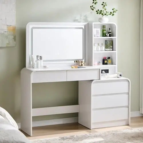 Vanity Desk with Mirror and Lights, 50” Modren Makeup Vanity with 35.43" Mirror and 5 Drawers, Makeup Table with