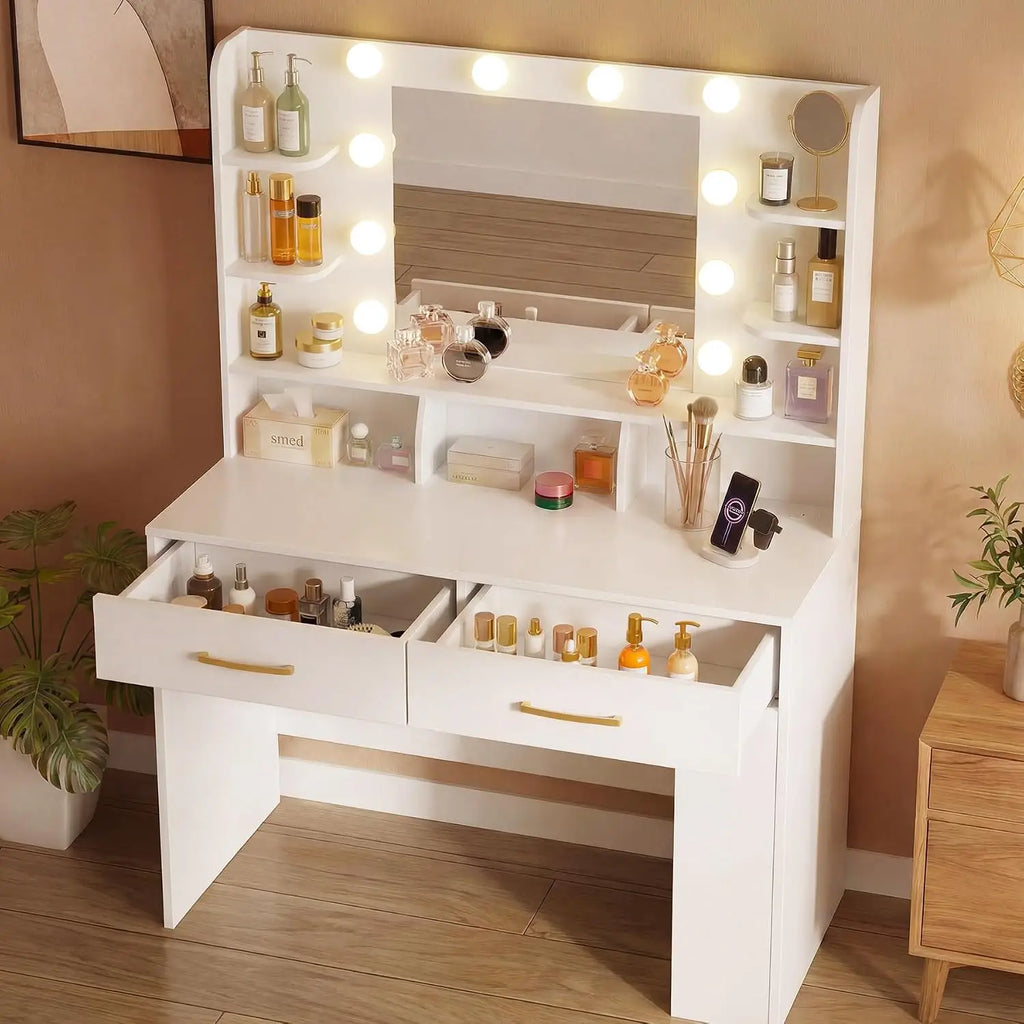 Black Vanity Desk LED Mirror & Charging Station, Makeup Table with Drawers & Shelves, Bedroom Dressing Table, Customized