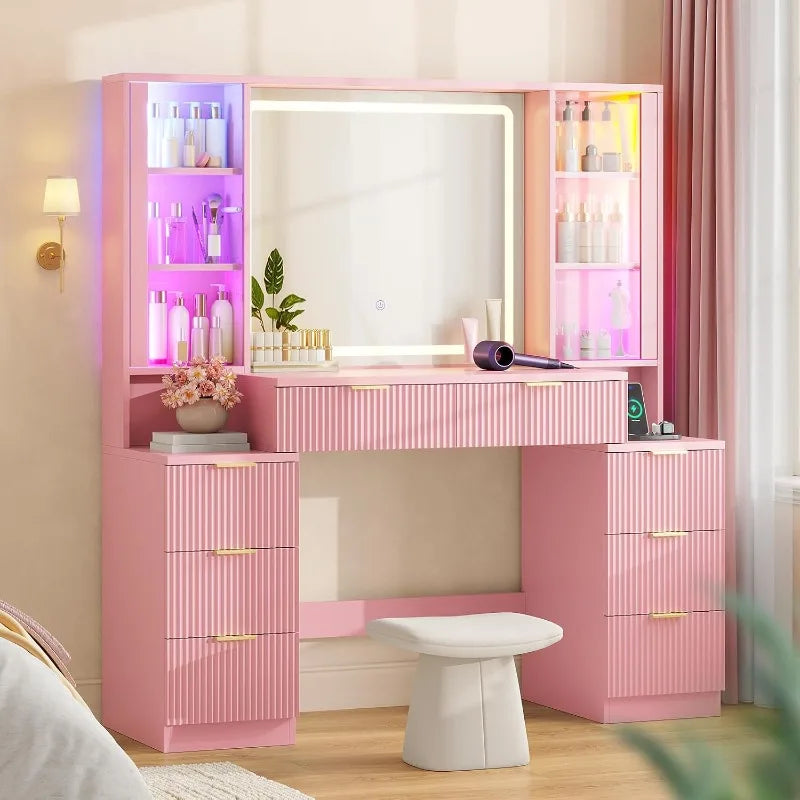 HAUOMS Big Vanity, Fluted Wood Makeup Vanity Desk with Mirror and Sound Sync LED Lights, Large Vanity Dressing Table, 8 Drawers