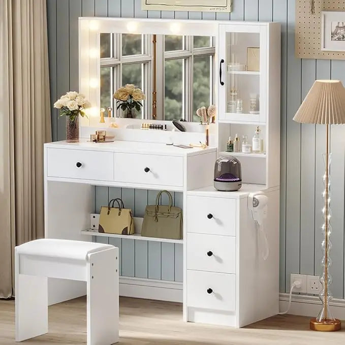 Makeup Vanity with Lights & Charging Station,Vanity Table with Drawers & Open Storage Shelves,Vanity Desk with Mirror Customized