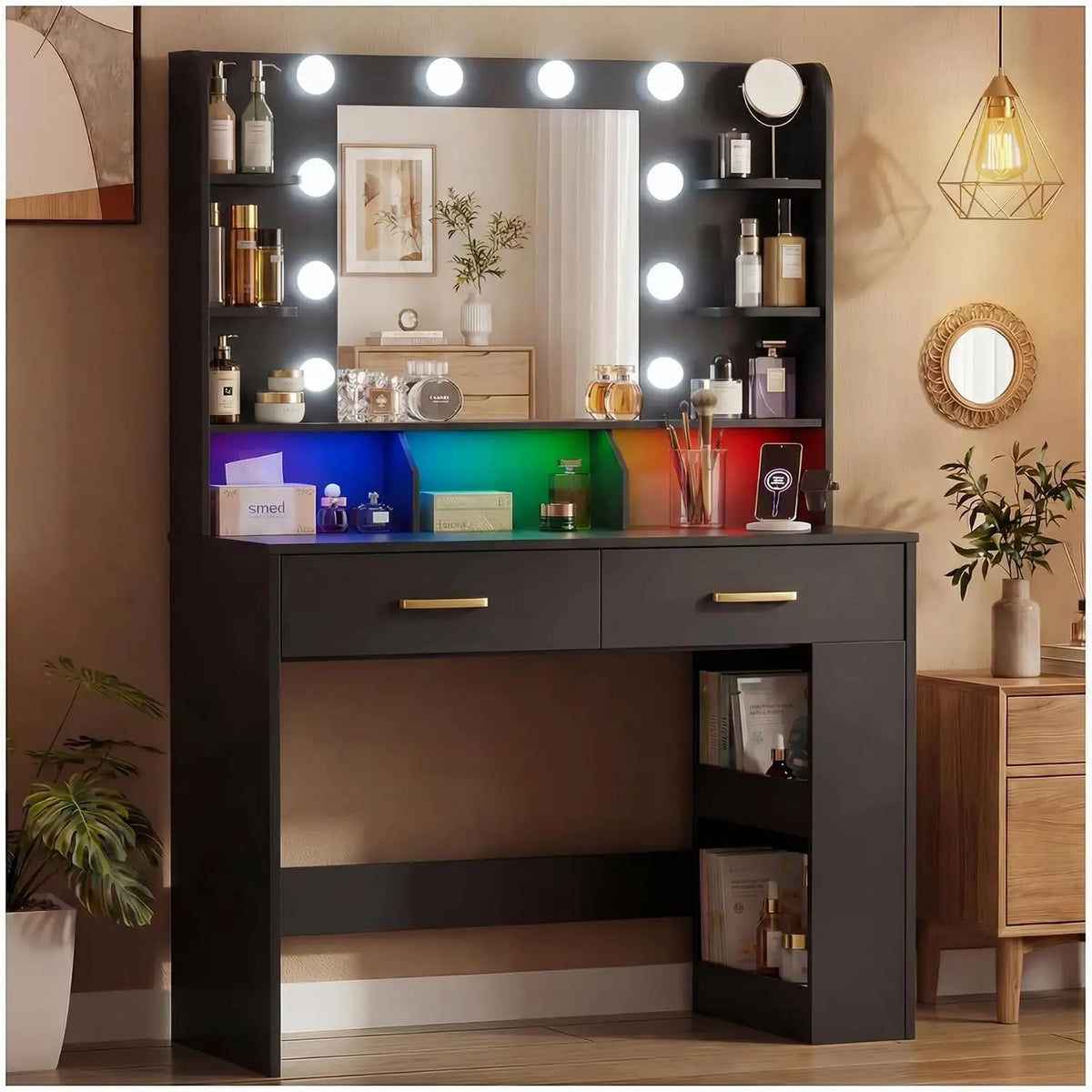 Black Vanity Desk LED Mirror & Charging Station, Makeup Table with Drawers & Shelves, Bedroom Dressing Table, Customized