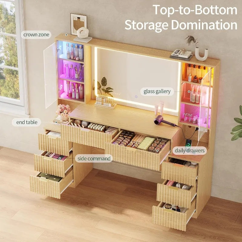 HAUOMS Big Vanity, Fluted Wood Makeup Vanity Desk with Mirror and Sound Sync LED Lights, Large Vanity Dressing Table, 8 Drawers