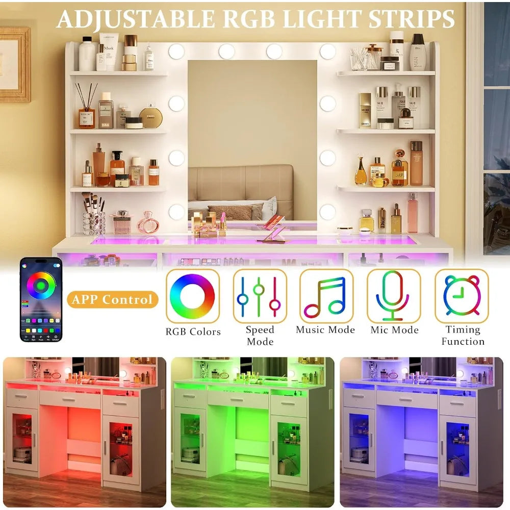 Vanity Desk with Mirror and Lights, Transparent Top, RGB Drawers, Shelves, Cabinets, White