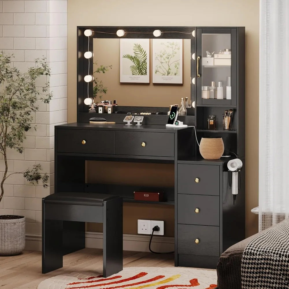 Makeup Vanity with Lights & Charging Station,Vanity Table with Drawers & Open Storage Shelves,Vanity Desk with Mirror Customized