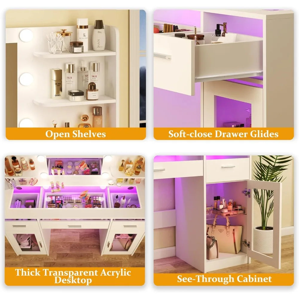 Vanity Desk with Mirror and Lights, Transparent Top, RGB Drawers, Shelves, Cabinets, White
